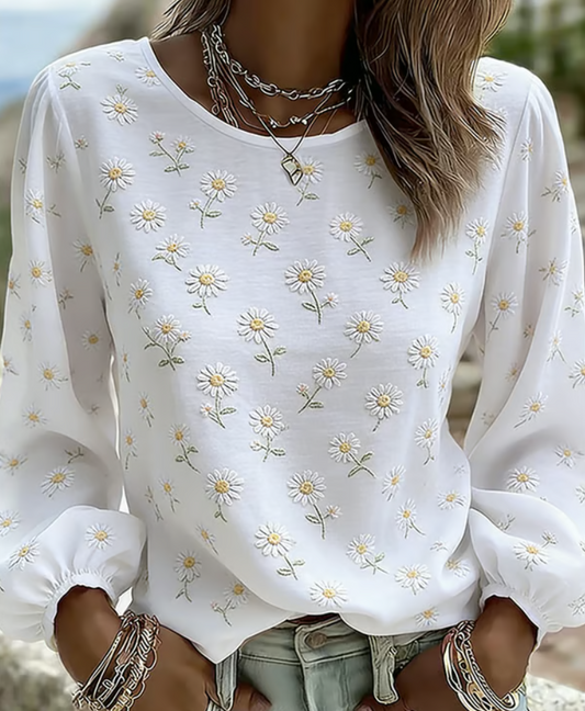 Women’s Daisy Print Relaxed Long Sleeve Casual Top
