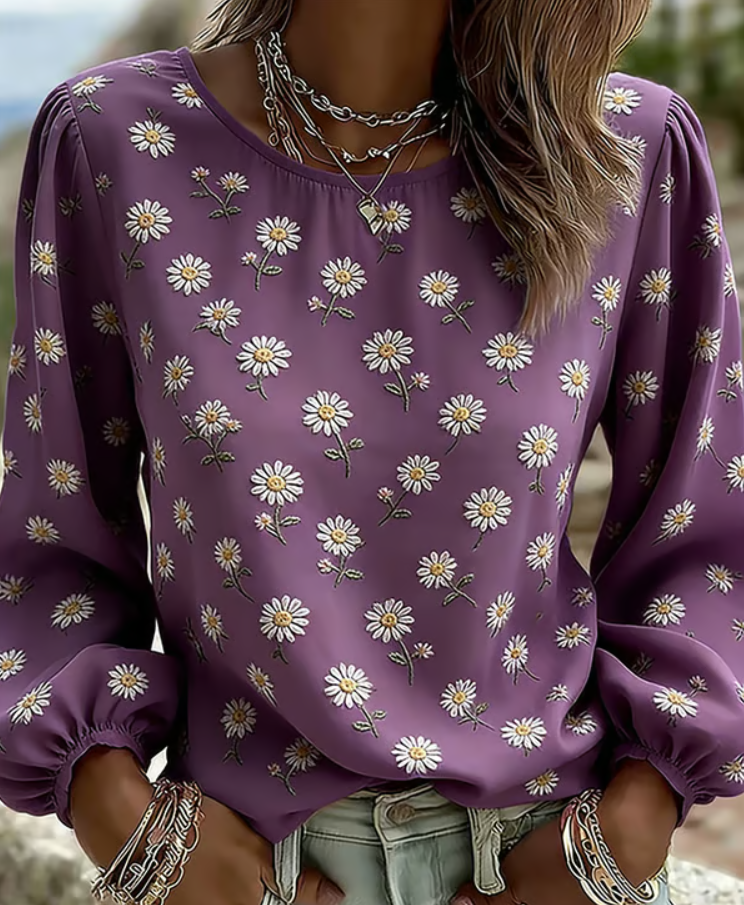 Women’s Daisy Print Relaxed Long Sleeve Casual Top