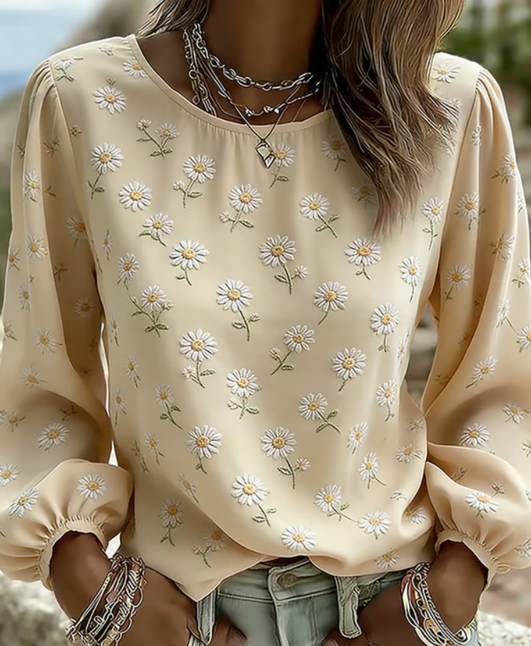 Women’s Daisy Print Relaxed Long Sleeve Casual Top