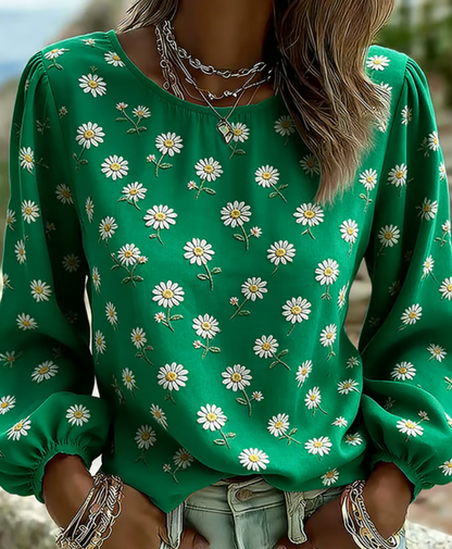Women’s Daisy Print Relaxed Long Sleeve Casual Top