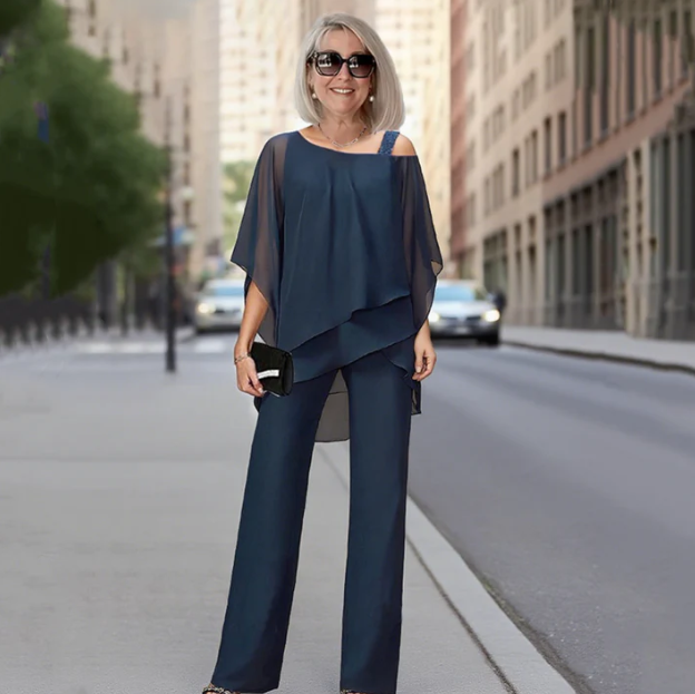 Women’s Asymmetric Chiffon Top & Wide-Leg Trousers Set