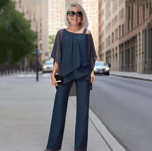 Women’s Asymmetric Chiffon Top & Wide-Leg Trousers Set