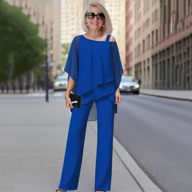 Women’s Asymmetric Chiffon Top & Wide-Leg Trousers Set