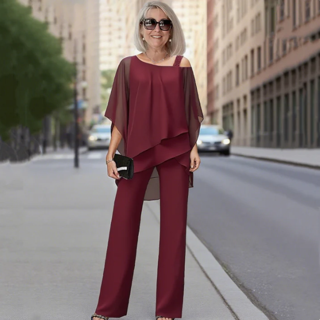Women’s Asymmetric Chiffon Top & Wide-Leg Trousers Set
