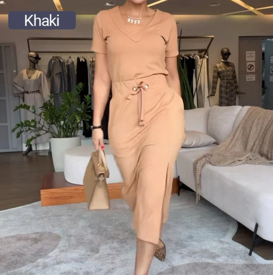 Women’s V-Neck Top and Skirt Set – Elegant Two Piece Outfit