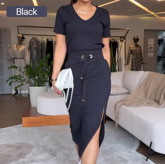 Women’s V-Neck Top and Skirt Set – Elegant Two Piece Outfit
