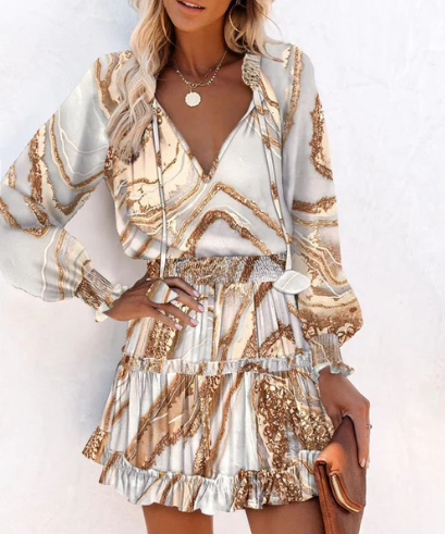 Women’s Tie-Neck Long Sleeve Tiered Mini Dress