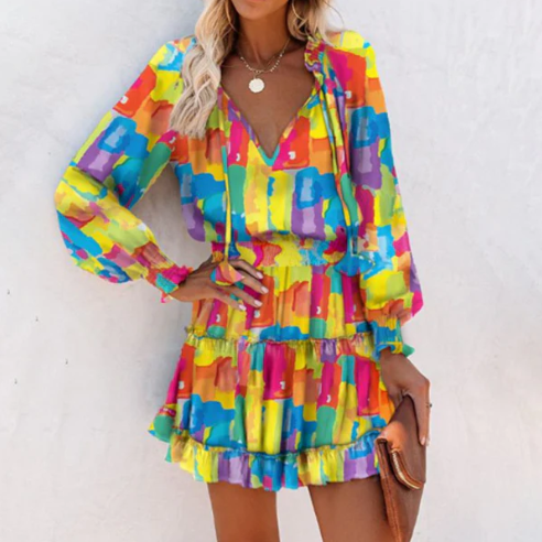 Women’s Tie-Neck Long Sleeve Tiered Mini Dress