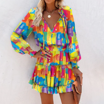 Women’s Tie-Neck Long Sleeve Tiered Mini Dress