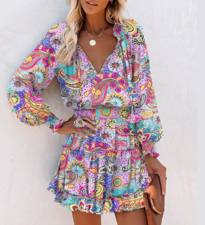 Women’s Tie-Neck Long Sleeve Tiered Mini Dress