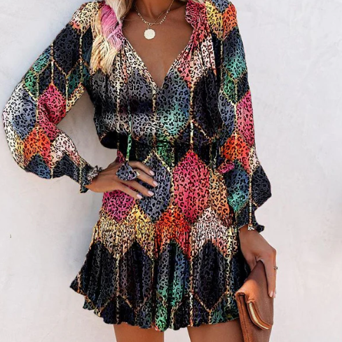 Women’s Tie-Neck Long Sleeve Tiered Mini Dress