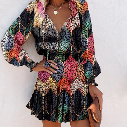 Women’s Tie-Neck Long Sleeve Tiered Mini Dress