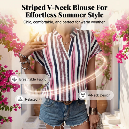 Women’s Striped V-Neck Batwing Sleeve Summer Tunic Top