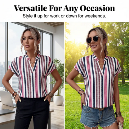 Women’s Striped V-Neck Batwing Sleeve Summer Tunic Top