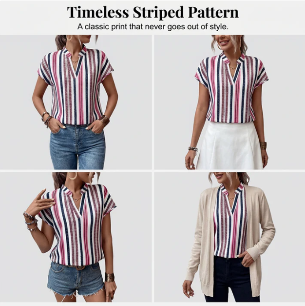 Women’s Striped V-Neck Batwing Sleeve Summer Tunic Top