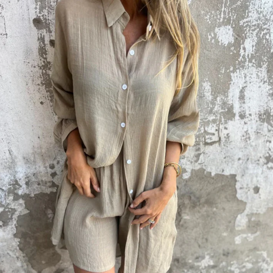 Women’s Relaxed Long Sleeve Shirt & Shorts Two-Piece Set