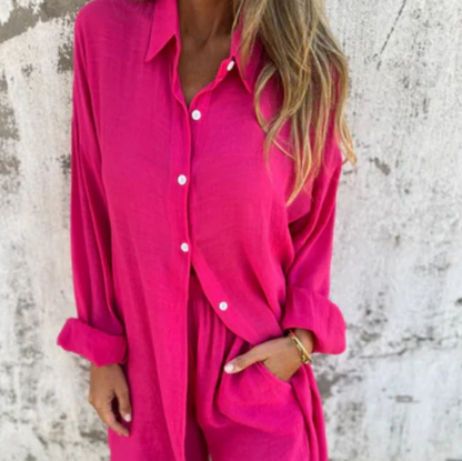 Women’s Relaxed Long Sleeve Shirt & Shorts Two-Piece Set