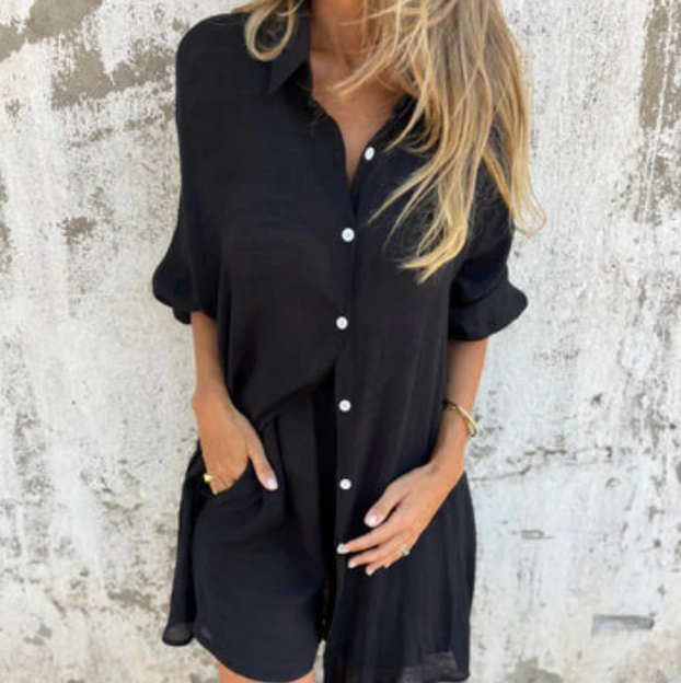 Women’s Relaxed Long Sleeve Shirt & Shorts Two-Piece Set