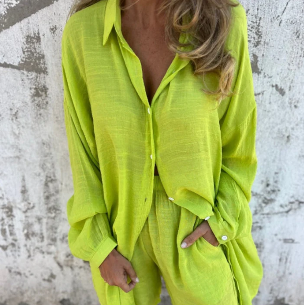 Women’s Relaxed Long Sleeve Shirt & Shorts Two-Piece Set