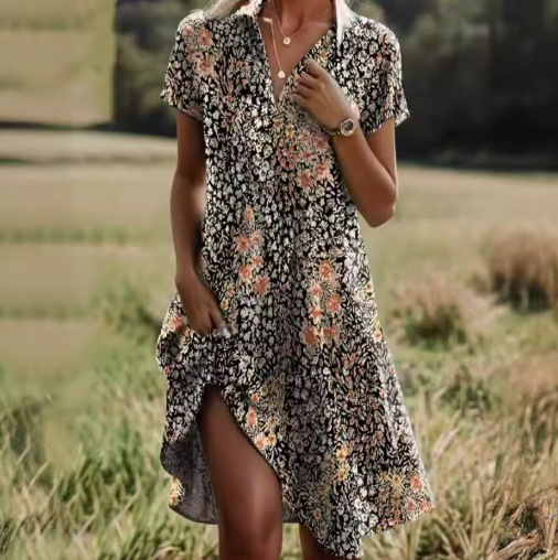 Women’s Elegant Floral V-Neck Pleated Midi Dress