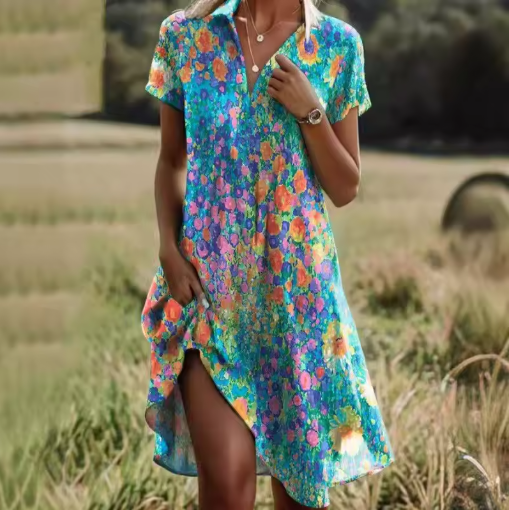 Women’s Elegant Floral V-Neck Pleated Midi Dress