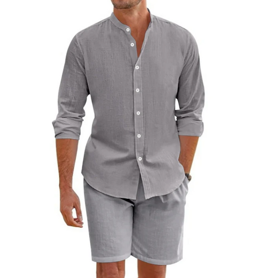 Men’s Linen-Blend Short Sleeve Top & Drawstring Shorts Set