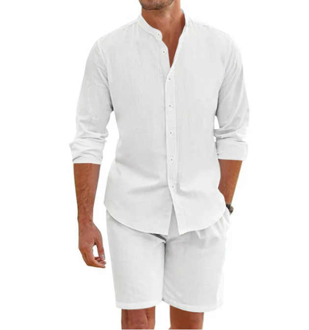 Men’s Linen-Blend Short Sleeve Top & Drawstring Shorts Set