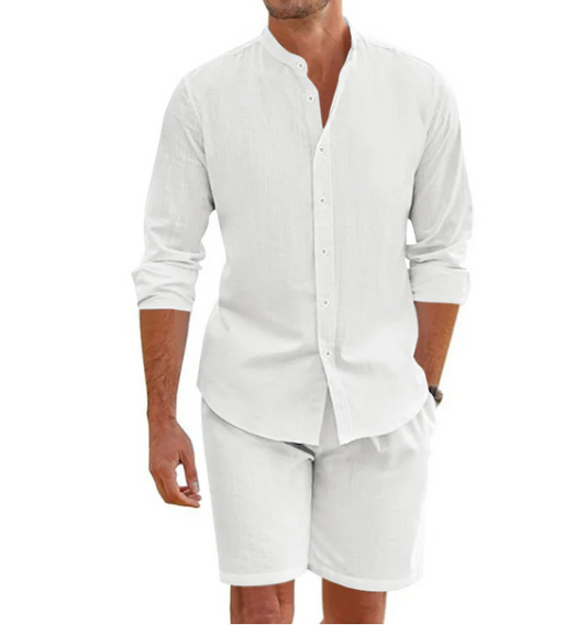 Men’s Linen-Blend Short Sleeve Top & Drawstring Shorts Set