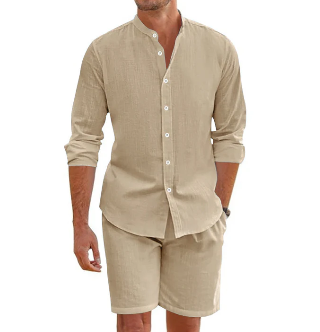 Men’s Linen-Blend Short Sleeve Top & Drawstring Shorts Set