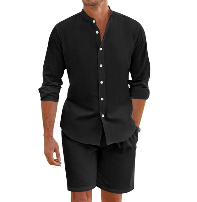 Men’s Linen-Blend Short Sleeve Top & Drawstring Shorts Set