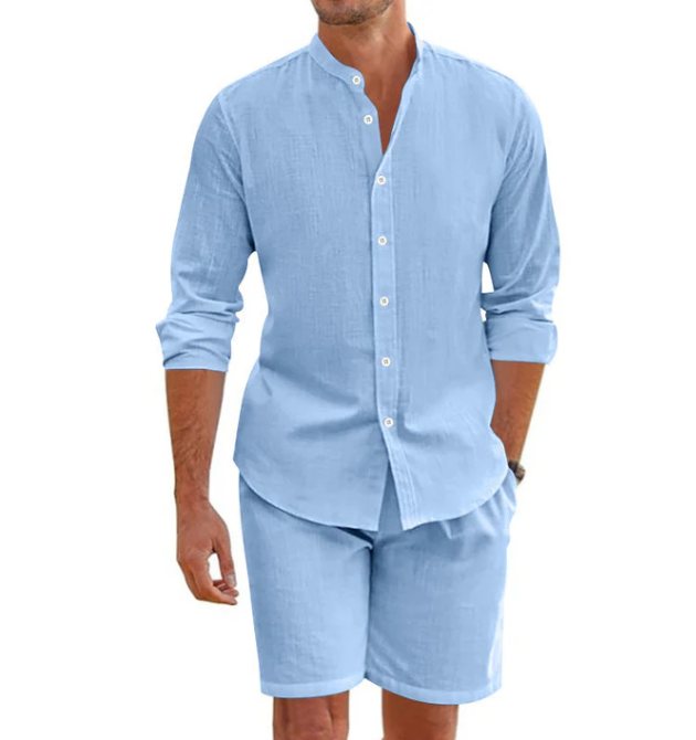 Men’s Linen-Blend Short Sleeve Top & Drawstring Shorts Set
