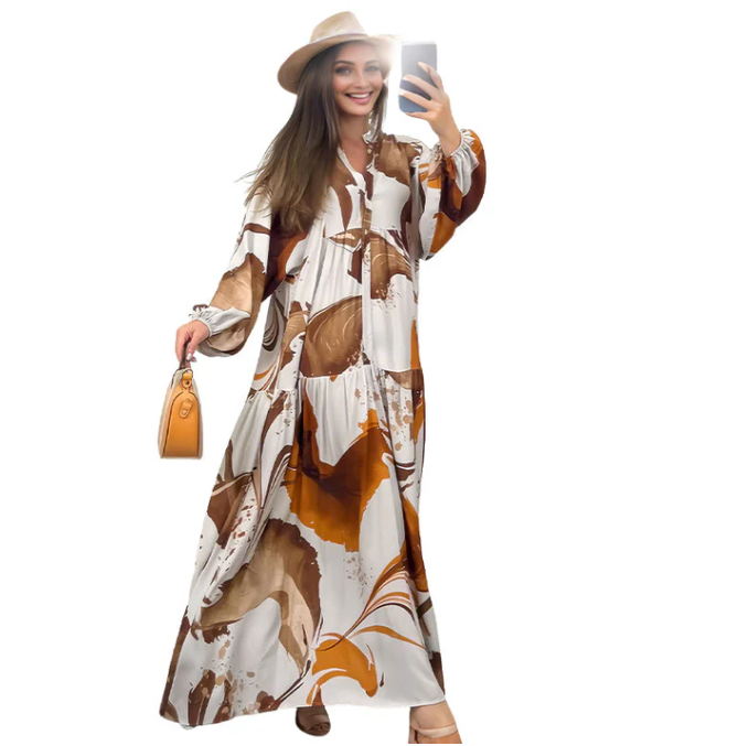 Women’s Printed V-Neck Tiered Maxi Dress