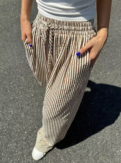 Women’s High-Waist Striped Drawstring Wide-Leg Trousers