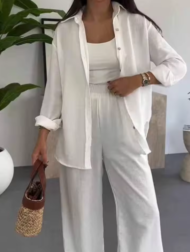 Women’s Relaxed Fit Shirt and Wide-Leg Trousers Two-Piece Set
