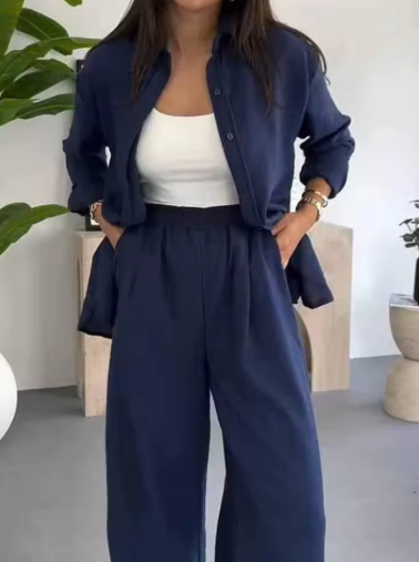 Women’s Relaxed Fit Shirt and Wide-Leg Trousers Two-Piece Set