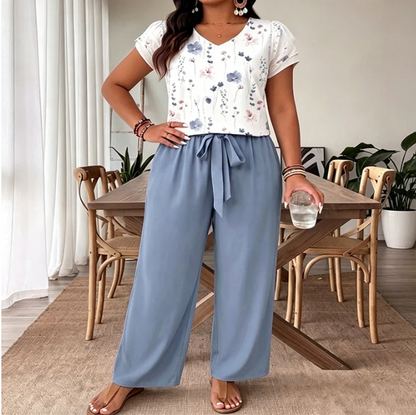 V-Neck Top and Printed Wide-Leg Trouser Set