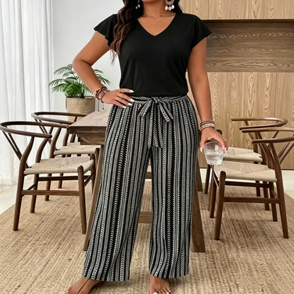 V-Neck Top and Printed Wide-Leg Trouser Set