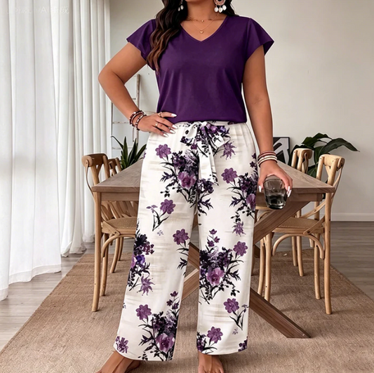 V-Neck Top and Printed Wide-Leg Trouser Set