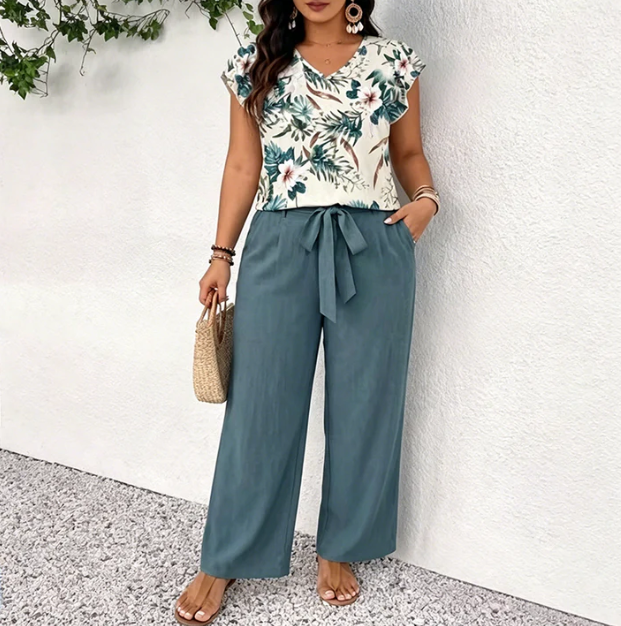 V-Neck Top and Printed Wide-Leg Trouser Set