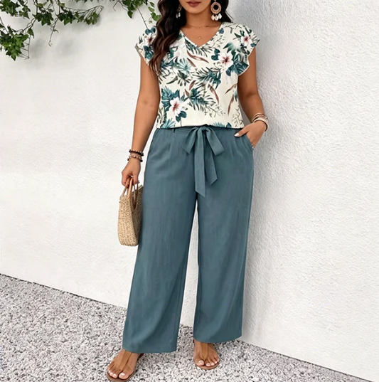 V-Neck Top and Printed Wide-Leg Trouser Set