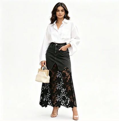 Women's Denim Lace Midi Skirt