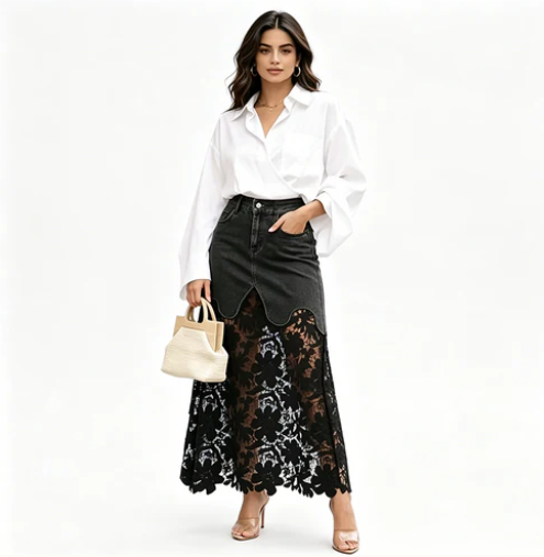 Women's Denim Lace Midi Skirt
