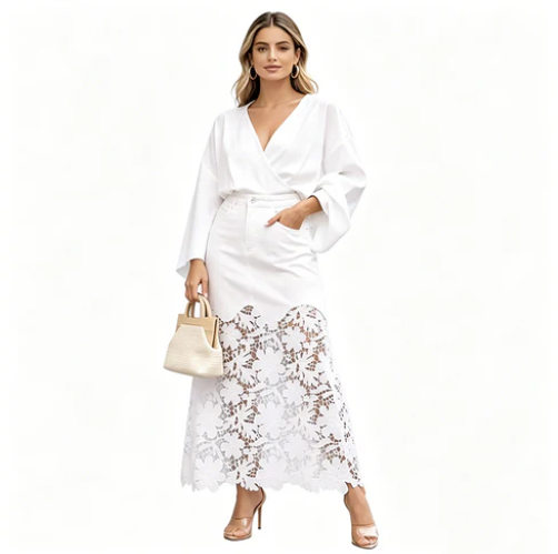 Women's Denim Lace Midi Skirt