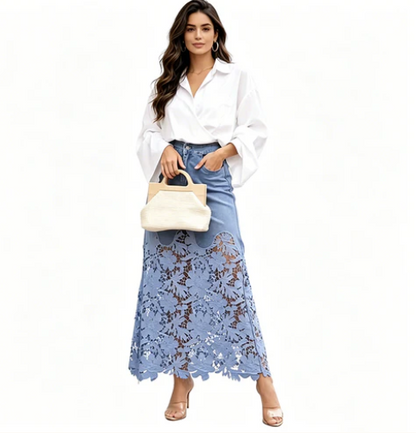 Women's Denim Lace Midi Skirt