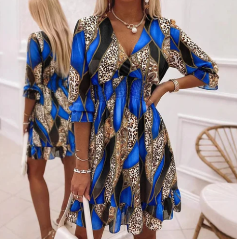 Women's Printed V-Neck Frill-Hem Dress