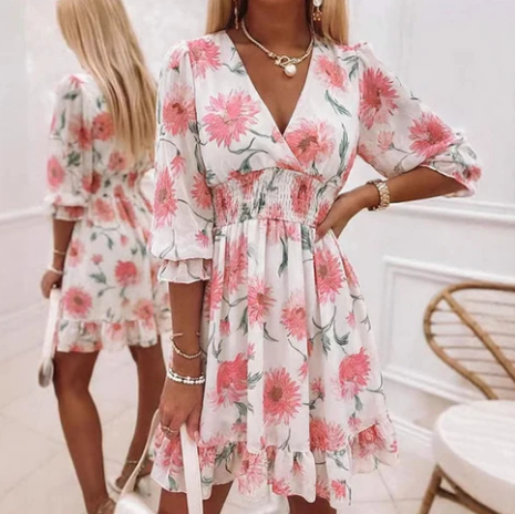 Women's Printed V-Neck Frill-Hem Dress