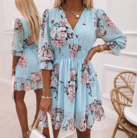 Women's Printed V-Neck Frill-Hem Dress
