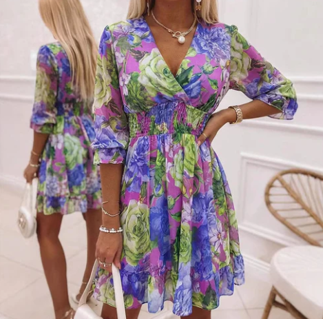 Women's Printed V-Neck Frill-Hem Dress