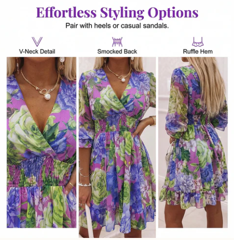 Women's Printed V-Neck Frill-Hem Dress