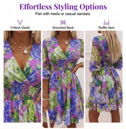 Women's Printed V-Neck Frill-Hem Dress